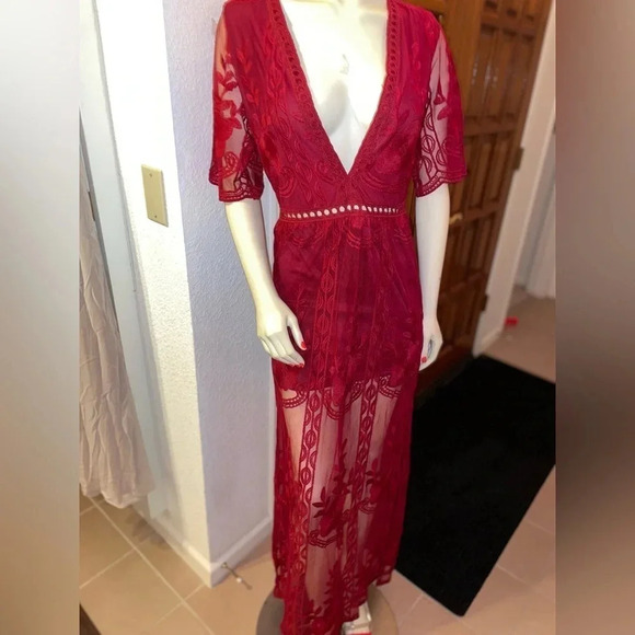 Maroon Deep V-Neck 1/2 Sleeves Sheath Lace Midi Dresses w side slits size small - Picture 11 of 16